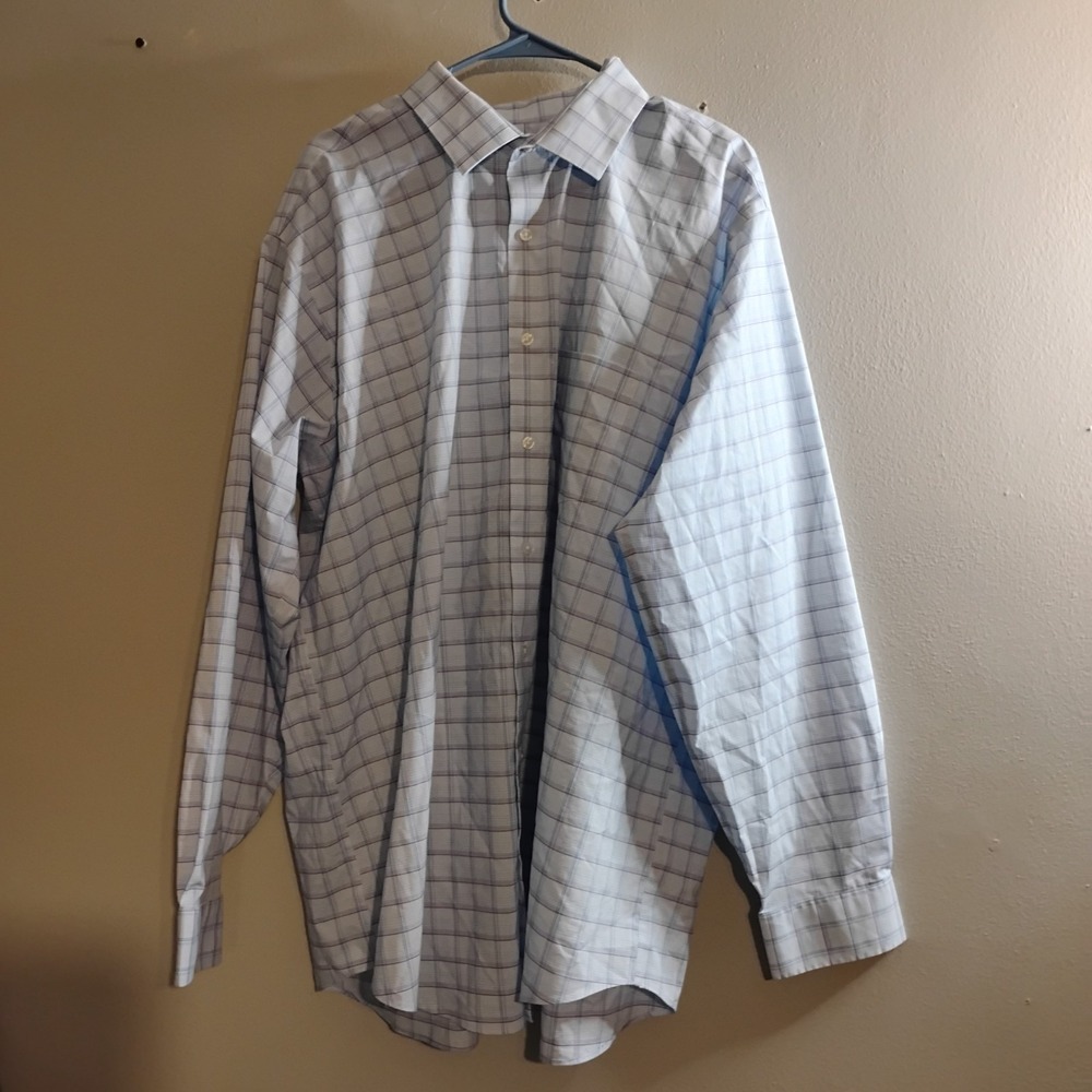 Van Heusen Ultra Wrinkle Free Big Fit Stretch Plaid Dress Shirt Men 19 36/37